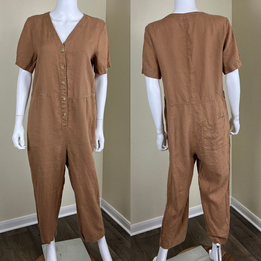 Everlane Women's Size 8 Camel Linen Straight Leg Cropped Jumpsuit Causal Minimal